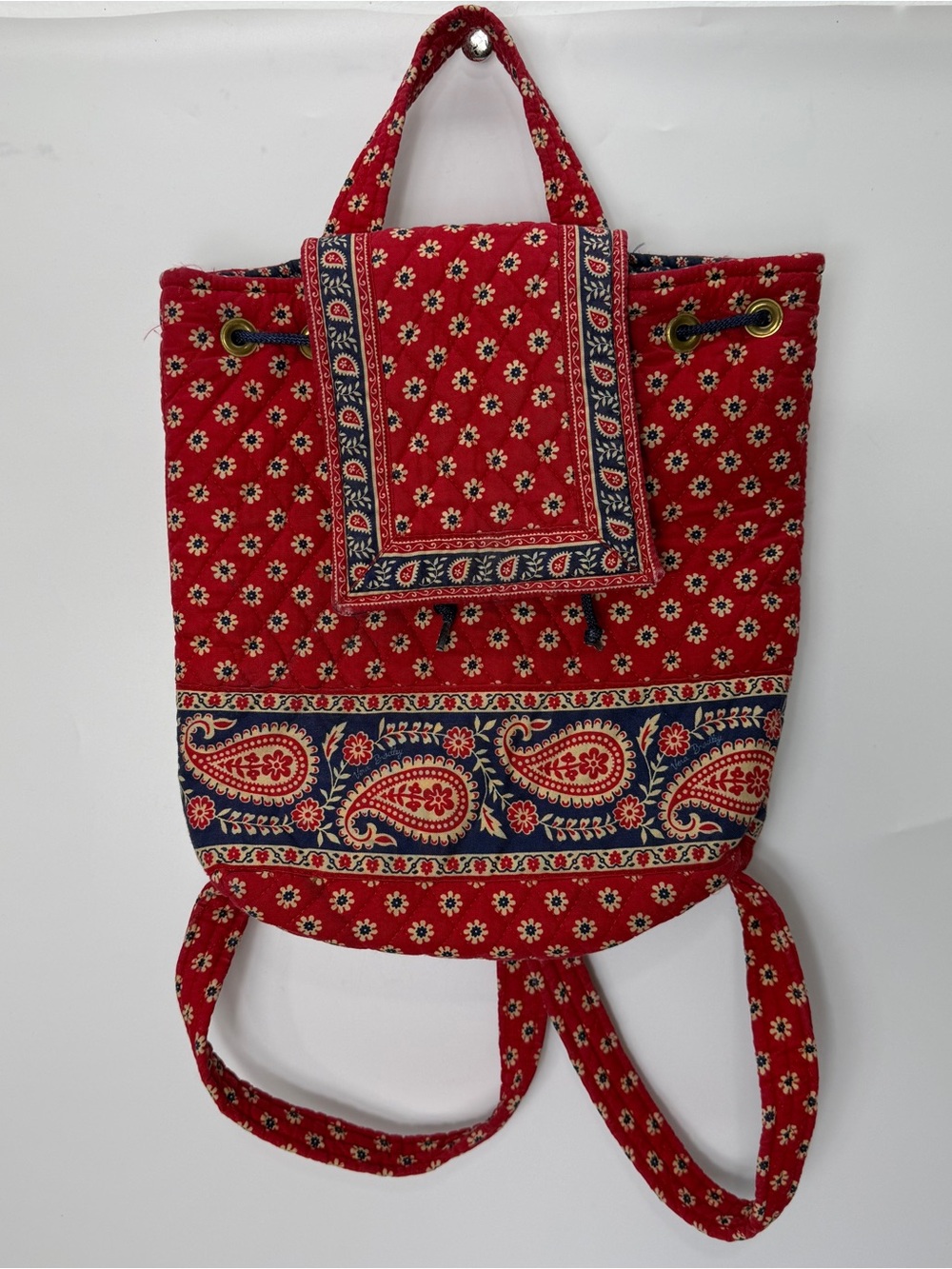 VTG Vera Bradley Mimi Flap Drawstring Backpack Red Americana Paisley Quilted